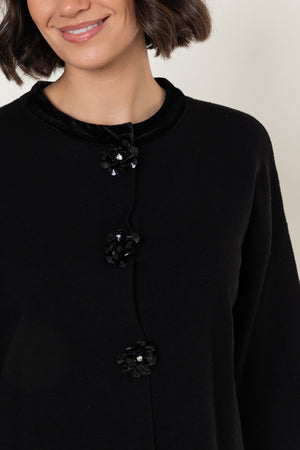 Carraig Donn Black Knit Velvet Trim And Beaded Buttons Cardigan