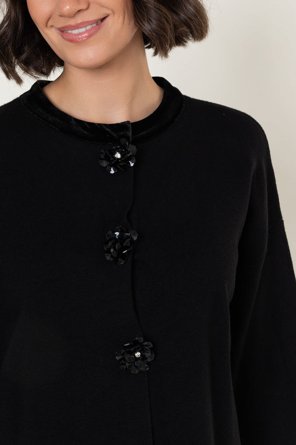 Carraig Donn Black Knit Velvet Trim And Beaded Buttons Cardigan