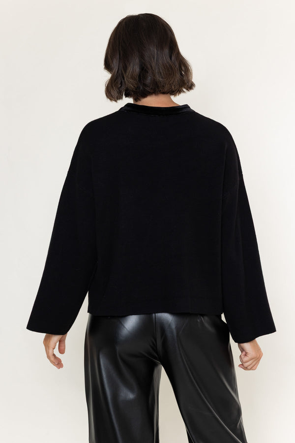Carraig Donn Black Knit Velvet Trim And Beaded Buttons Cardigan