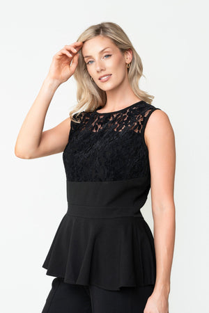 Carraig Donn Black Lace Detail Peplum Sleeveless Top