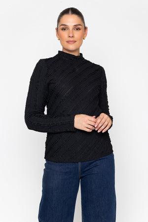 Carraig Donn Black Lace Jersey Fitted Long Sleeve Top