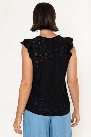 Carraig Donn Black Laser Cut Round Neck Ruffle Sleeve Top