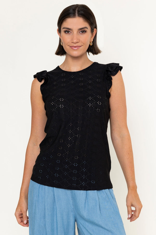 Carraig Donn Black Laser Cut Round Neck Ruffle Sleeve Top