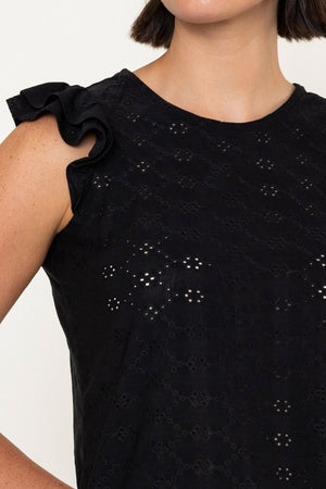 Carraig Donn Black Laser Cut Round Neck Ruffle Sleeve Top
