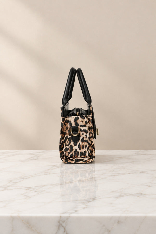 Carraig Donn Black & Leopard Print Faux Leather Gold Buckle Top Handle Bag
