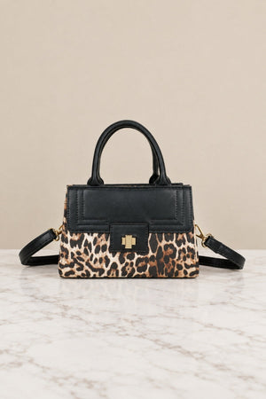 Carraig Donn Black & Leopard Print Faux Leather Gold Buckle Top Handle Bag