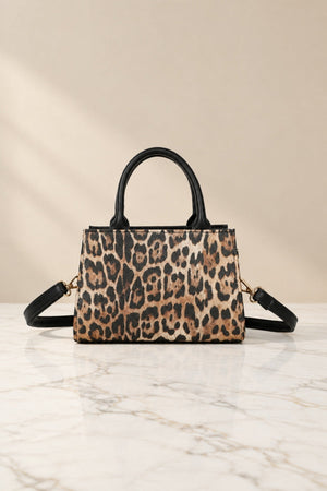 Carraig Donn Black & Leopard Print Faux Leather Gold Buckle Top Handle Bag