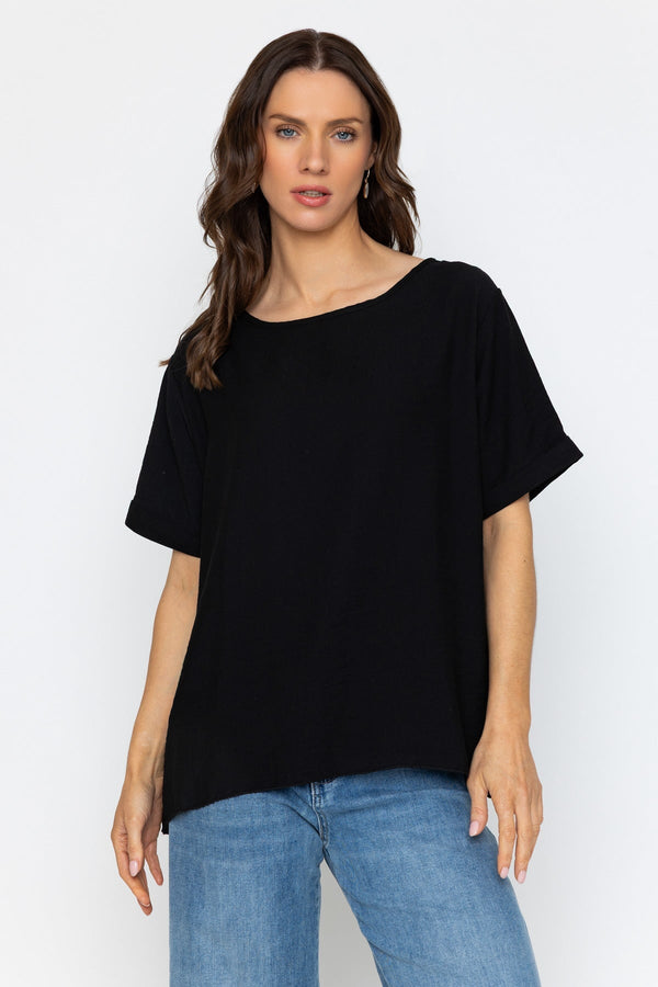 Carraig Donn Black Linen Like Top with Back Buttons