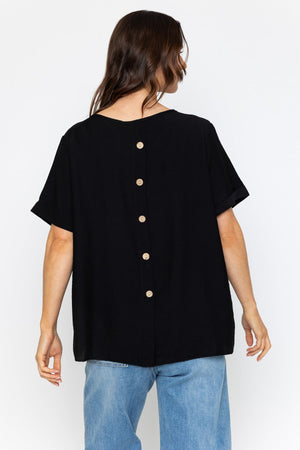 Carraig Donn Black Linen Like Top with Back Buttons