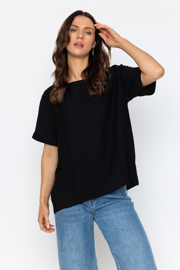 Carraig Donn Black Linen Like Top with Back Buttons