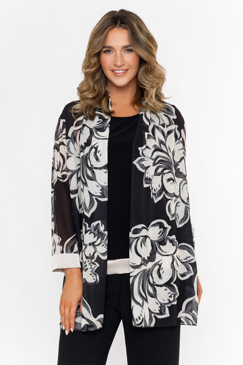 Black Longline 3/4 Sleeve Kimono Cover Up Twin Set