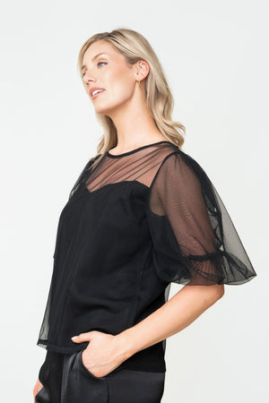Carraig Donn Black Mesh Round Neck Puff Short Sleeve Top