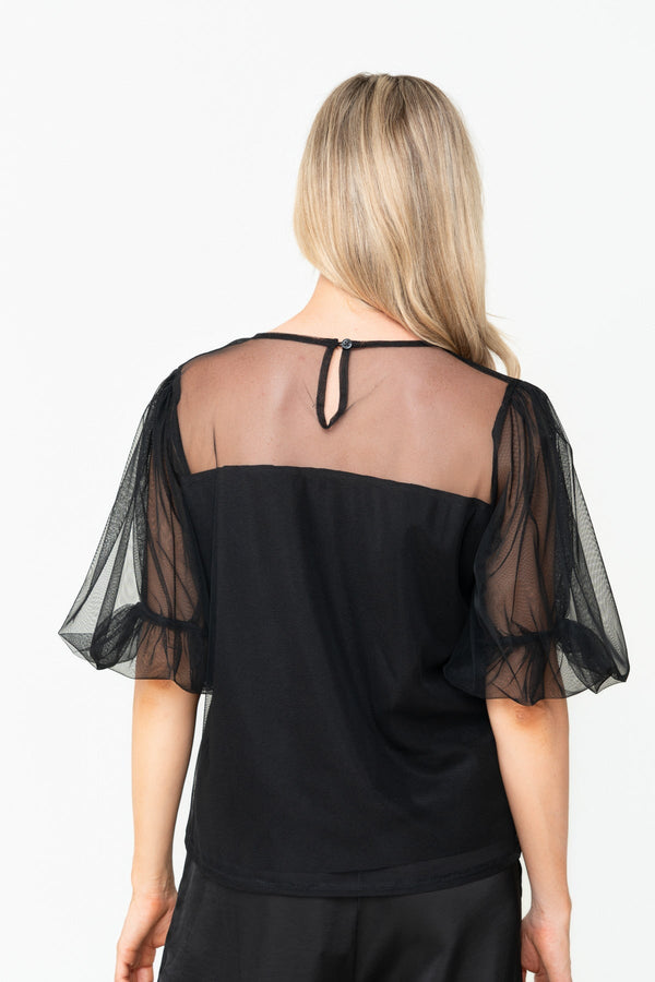 Carraig Donn Black Mesh Round Neck Puff Short Sleeve Top