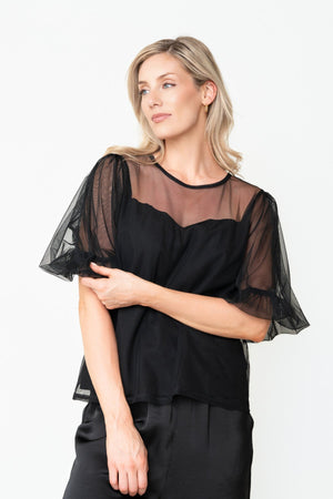 Carraig Donn Black Mesh Round Neck Puff Short Sleeve Top