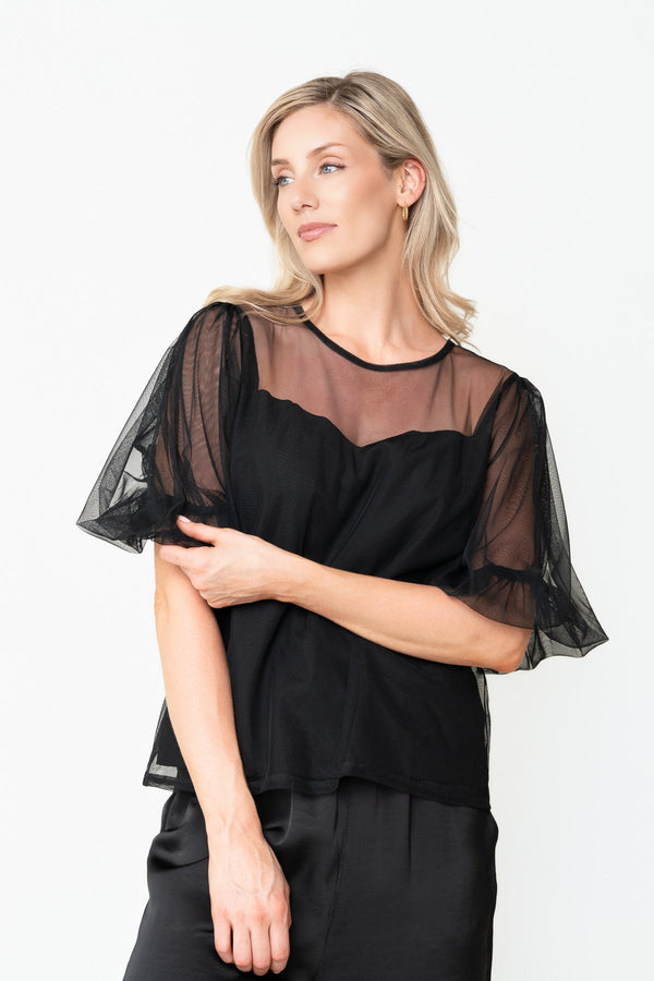 Carraig Donn Black Mesh Round Neck Puff Short Sleeve Top
