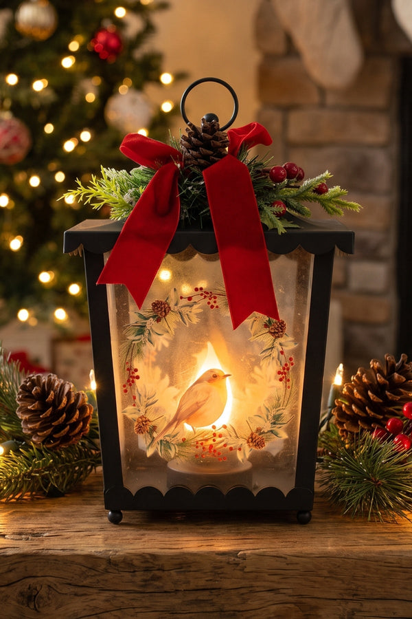 Carraig Donn Black Metal Robin Lantern H33cm Christmas Decoration