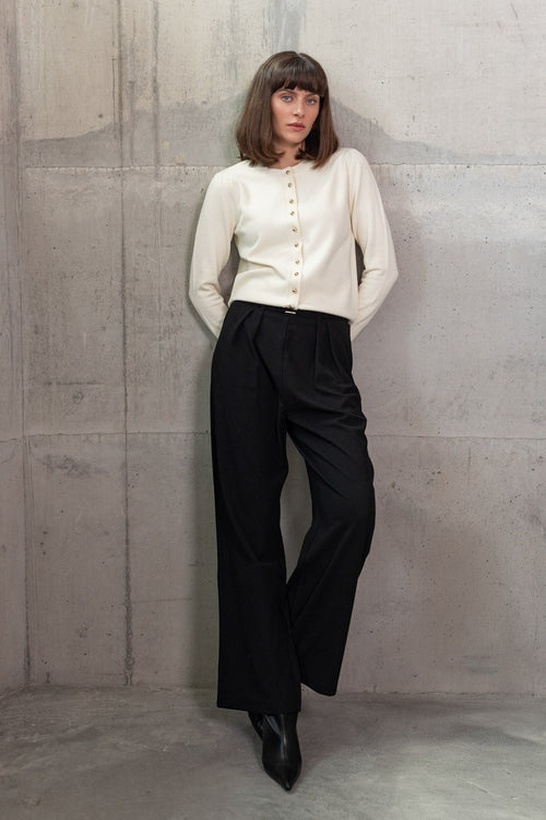 Black Mid Rise Wide Leg Belt Detail Pull On Trousers