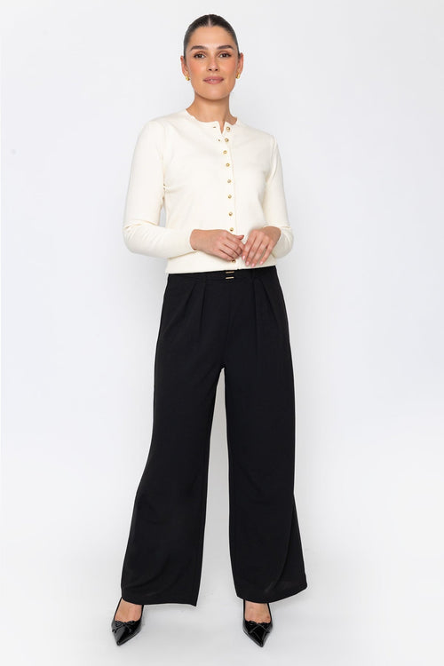 Black Mid Rise Wide Leg Belt Detail Pull On Trousers