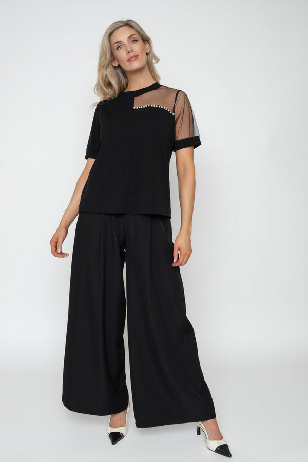 Carraig Donn Black Pearl And Mesh Detail Short Sleeve Top