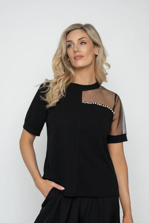 Carraig Donn Black Pearl And Mesh Detail Short Sleeve Top