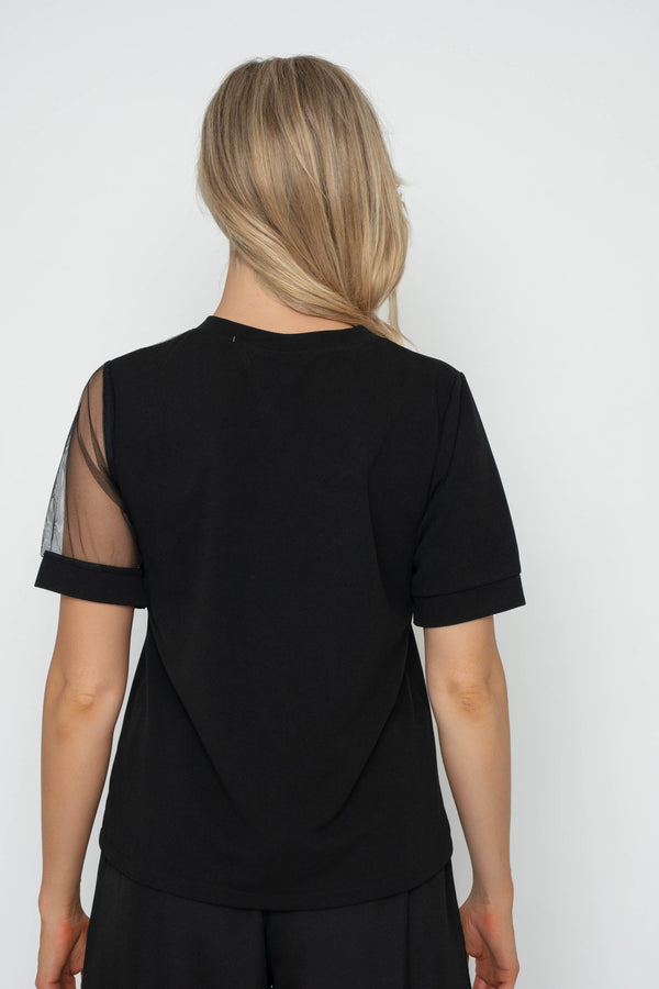Carraig Donn Black Pearl And Mesh Detail Short Sleeve Top
