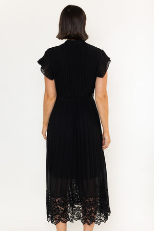Carraig Donn Black Pleated Lace Trim Detail A-Line Short Sleeve Shirt Midi Dress