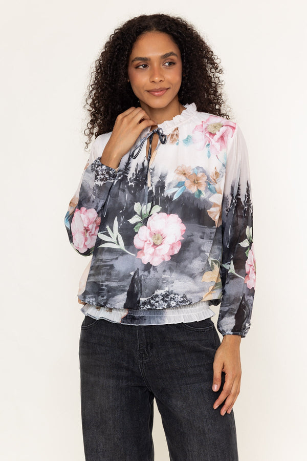 Carraig Donn Black Print Tie Neck Long Sleeve Top