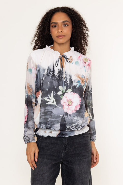 Black Print Tie Neck Long Sleeve Top