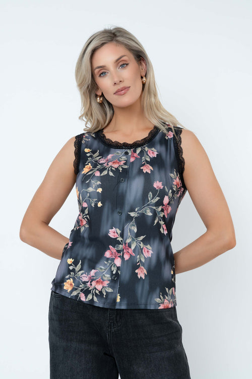 Black Printed Viscose Blend Vest Top