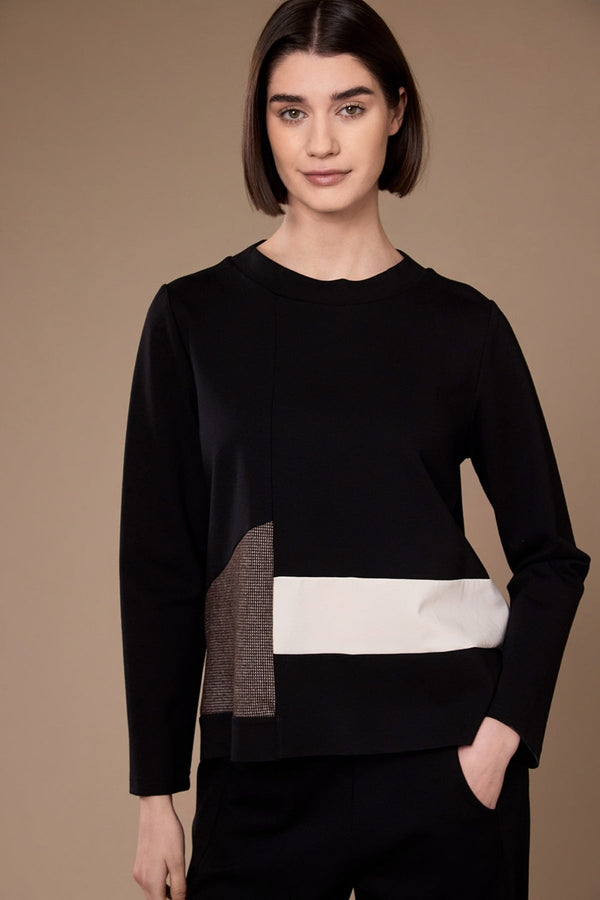 Carraig Donn Black Round Neck Long Sleeved Applique Top