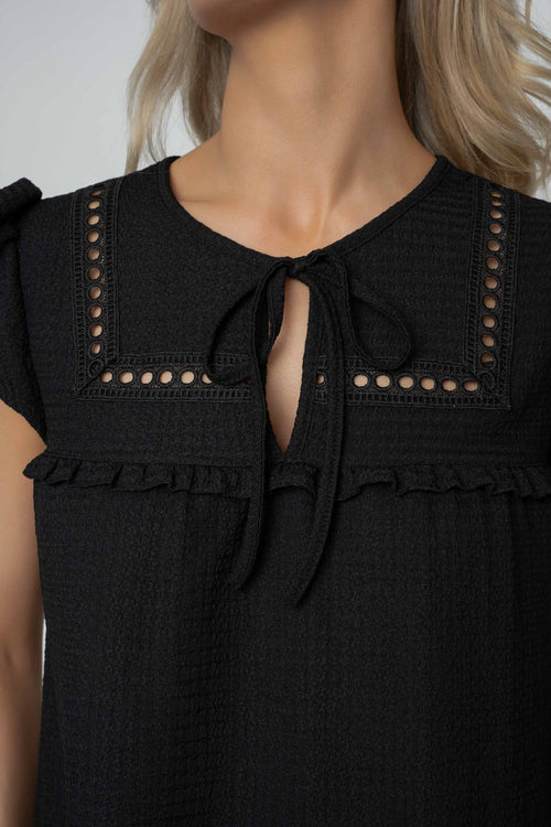 Carraig Donn Black Ruffle Sleeve Tied Neck Top