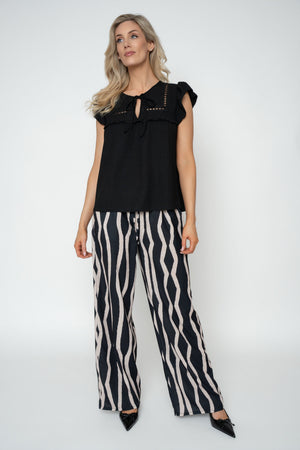 Carraig Donn Black Ruffle Sleeve Tied Neck Top