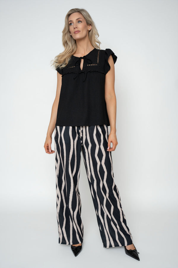 Carraig Donn Black Ruffle Sleeve Tied Neck Top