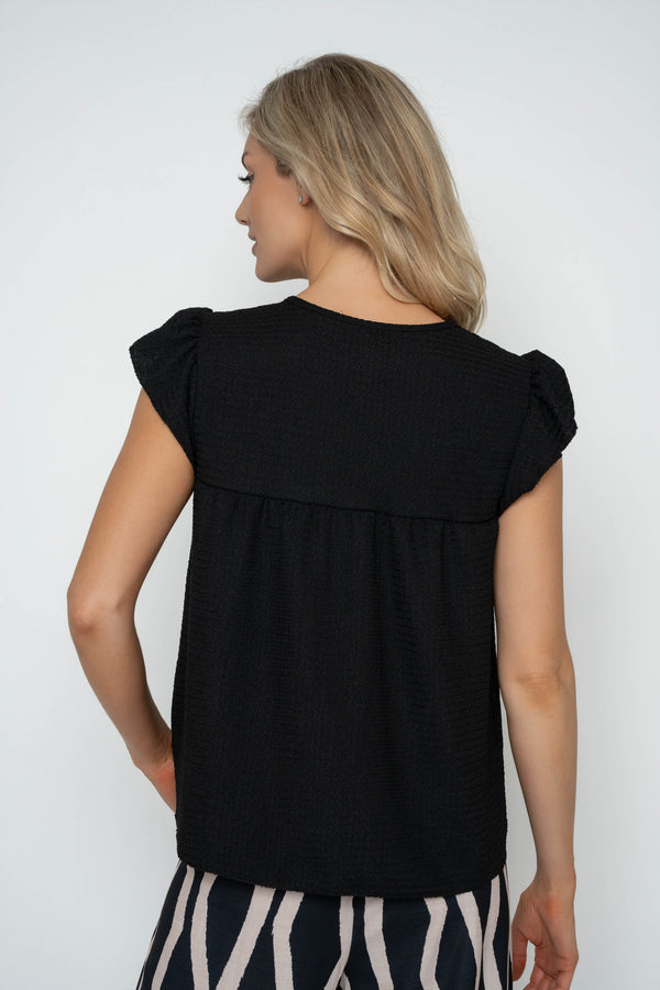 Carraig Donn Black Ruffle Sleeve Tied Neck Top