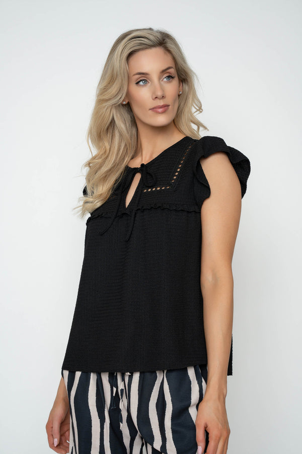 Carraig Donn Black Ruffle Sleeve Tied Neck Top