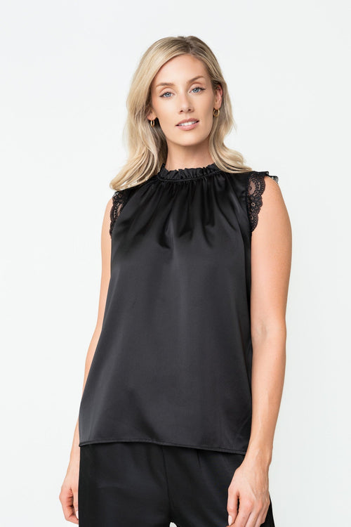 Black Sateen Lace Trim High Neck Sleeveless Top