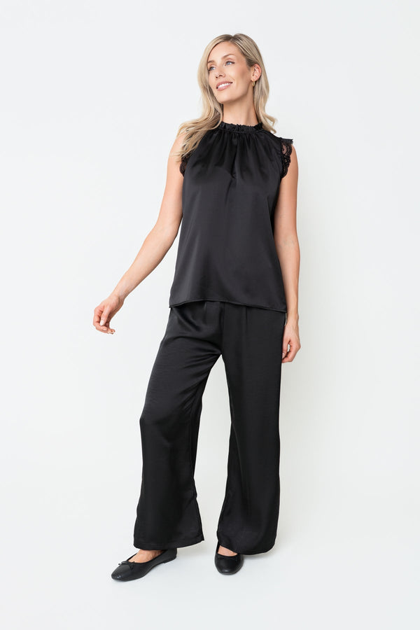 Carraig Donn Black Sateen Lace Trim High Neck Sleeveless Top
