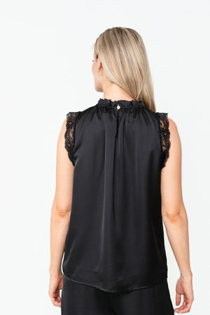 Carraig Donn Black Sateen Lace Trim High Neck Sleeveless Top