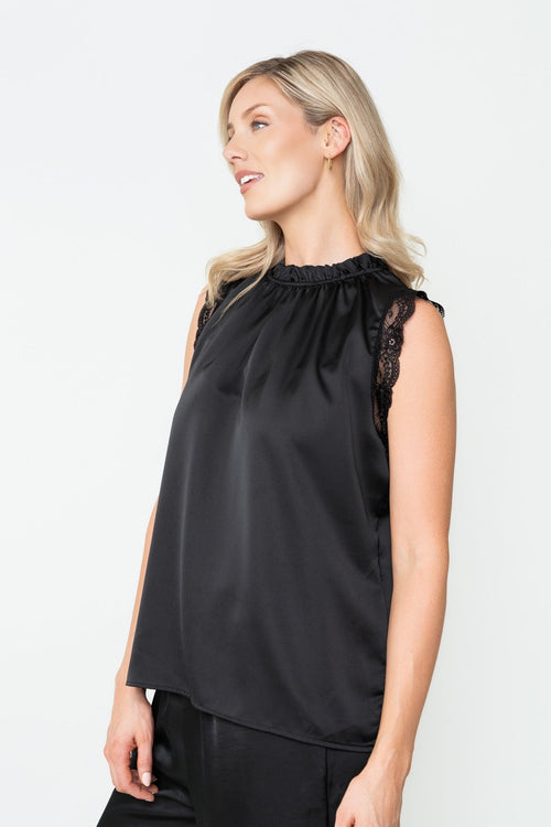 Carraig Donn Black Sateen Lace Trim High Neck Sleeveless Top