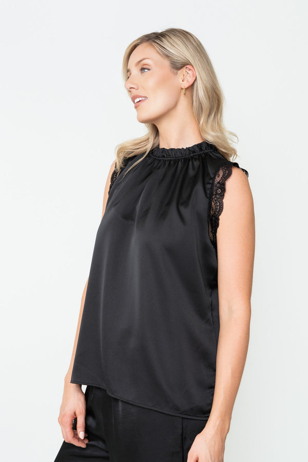Carraig Donn Black Sateen Lace Trim High Neck Sleeveless Top