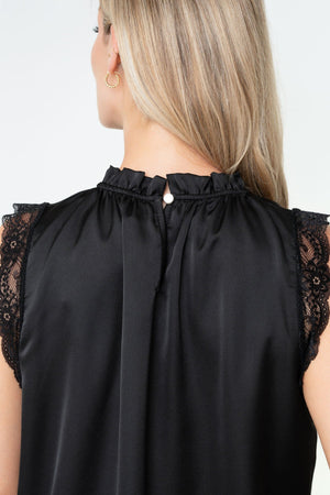 Carraig Donn Black Sateen Lace Trim High Neck Sleeveless Top