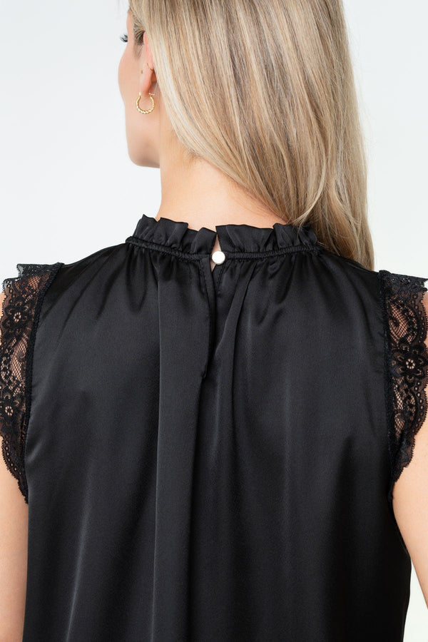 Carraig Donn Black Sateen Lace Trim High Neck Sleeveless Top