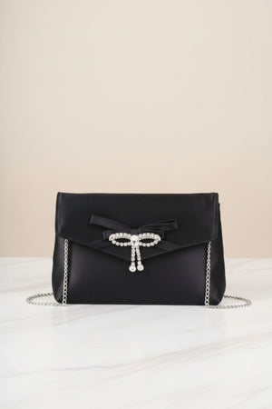 Carraig Donn Black Satin Diamante Bow Envelope Clutch Bag