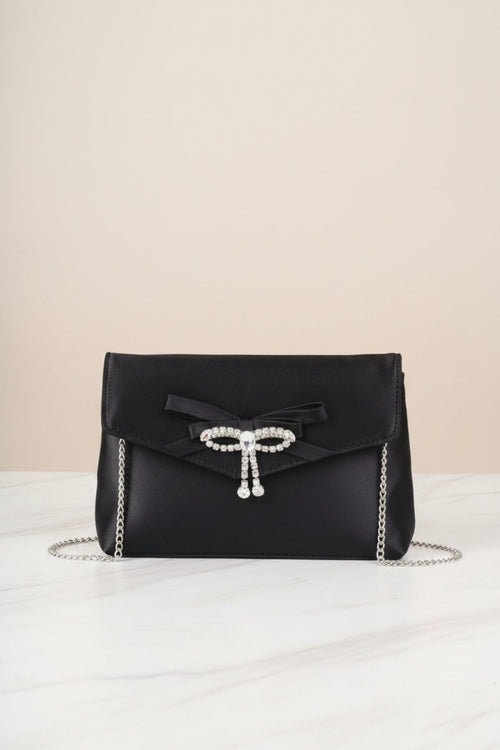 Carraig Donn Black Satin Diamante Bow Envelope Clutch Bag