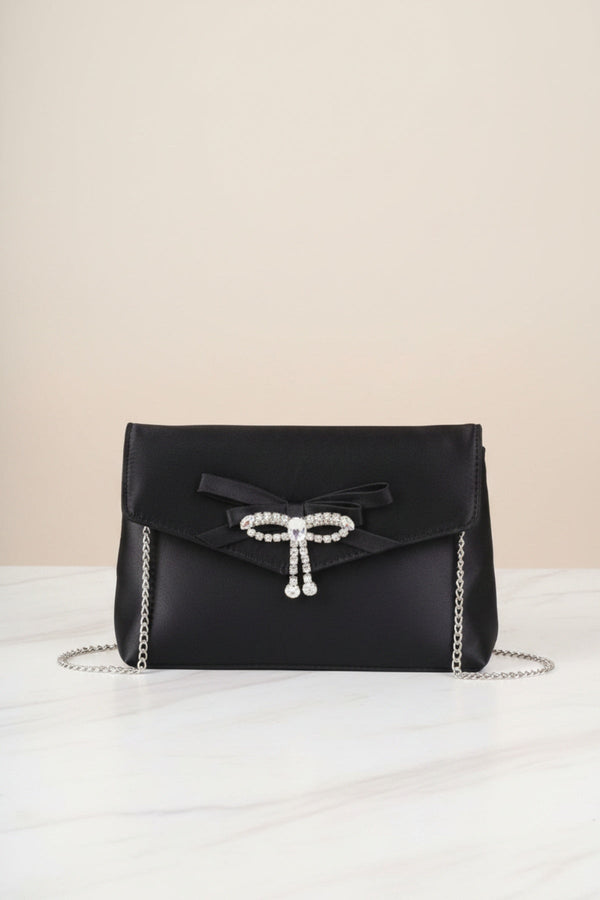 Carraig Donn Black Satin Diamante Bow Envelope Clutch Bag