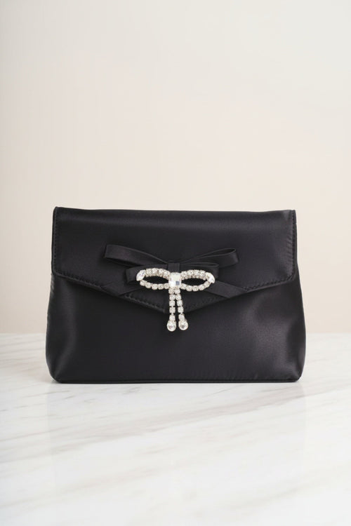 Black Satin Diamante Bow Envelope Clutch Bag