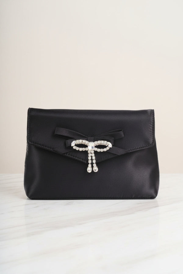 Carraig Donn Black Satin Diamante Bow Envelope Clutch Bag