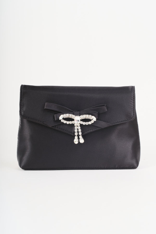 Carraig Donn Black Satin Diamante Bow Envelope Clutch Bag