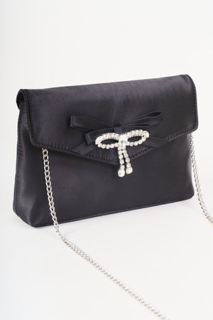 Carraig Donn Black Satin Diamante Bow Envelope Clutch Bag