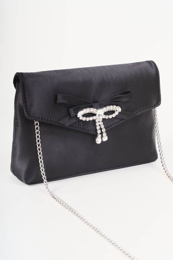 Carraig Donn Black Satin Diamante Bow Envelope Clutch Bag